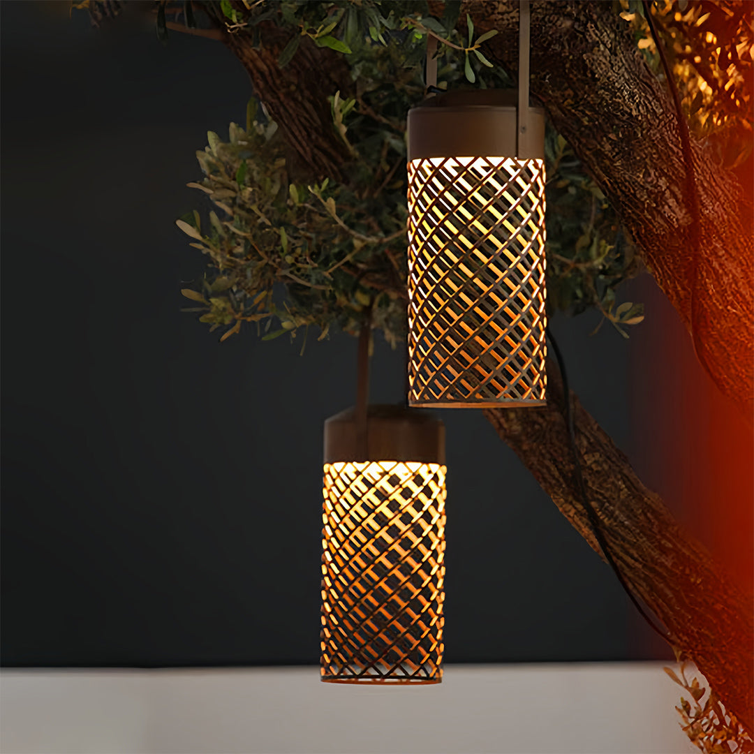 Pair of rustic black outdoor pendant lantern fixtures suspended among olive tree branches, providing warm accent lighting.