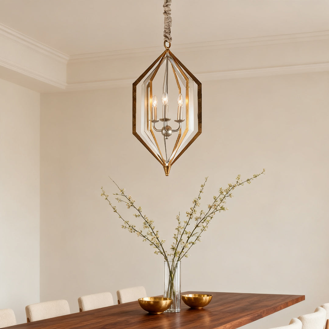 Pair of rustic brown pendant lights illuminating a dark walnut kitchen island with white marble countertop and subway tile backsplash.