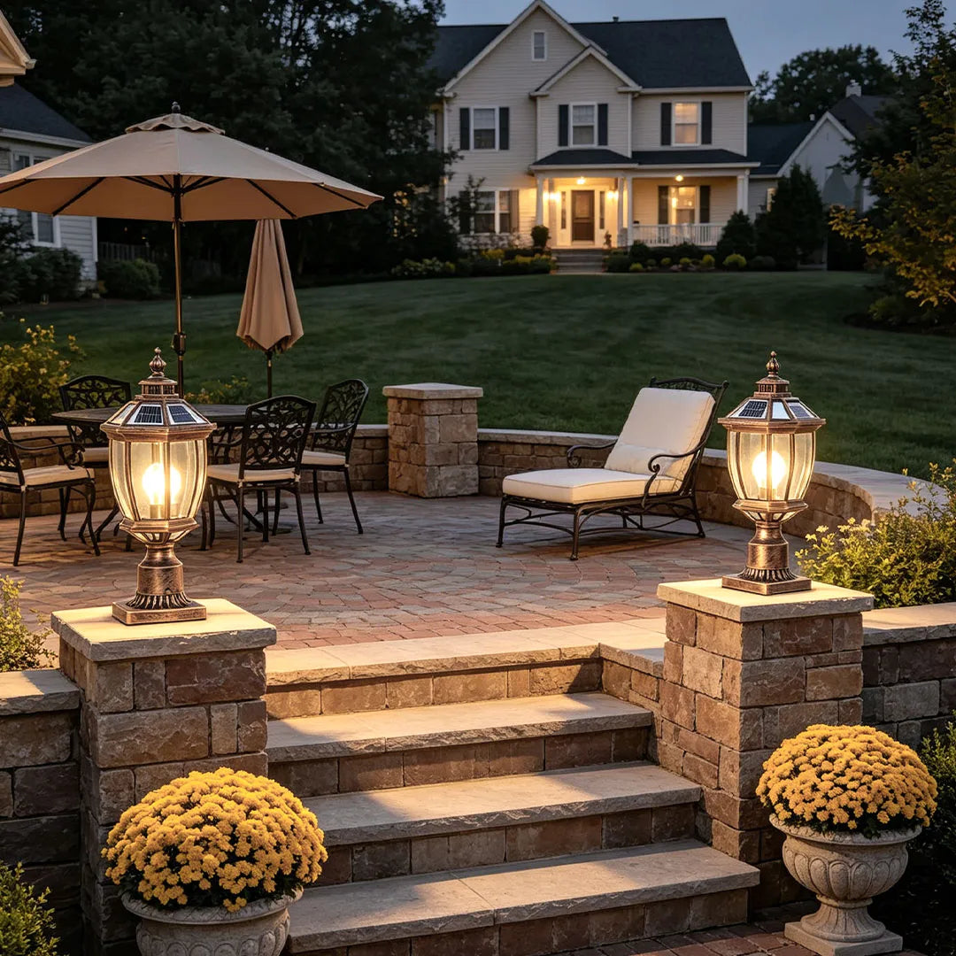 Pair of solar column pillar lights decorating stone stair posts on an outdoor patio.