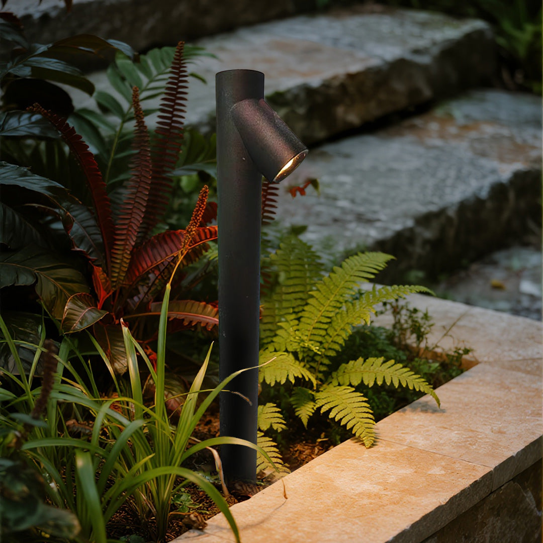 Pair of black LED path lights showing different heights for coordinated landscape lighting design