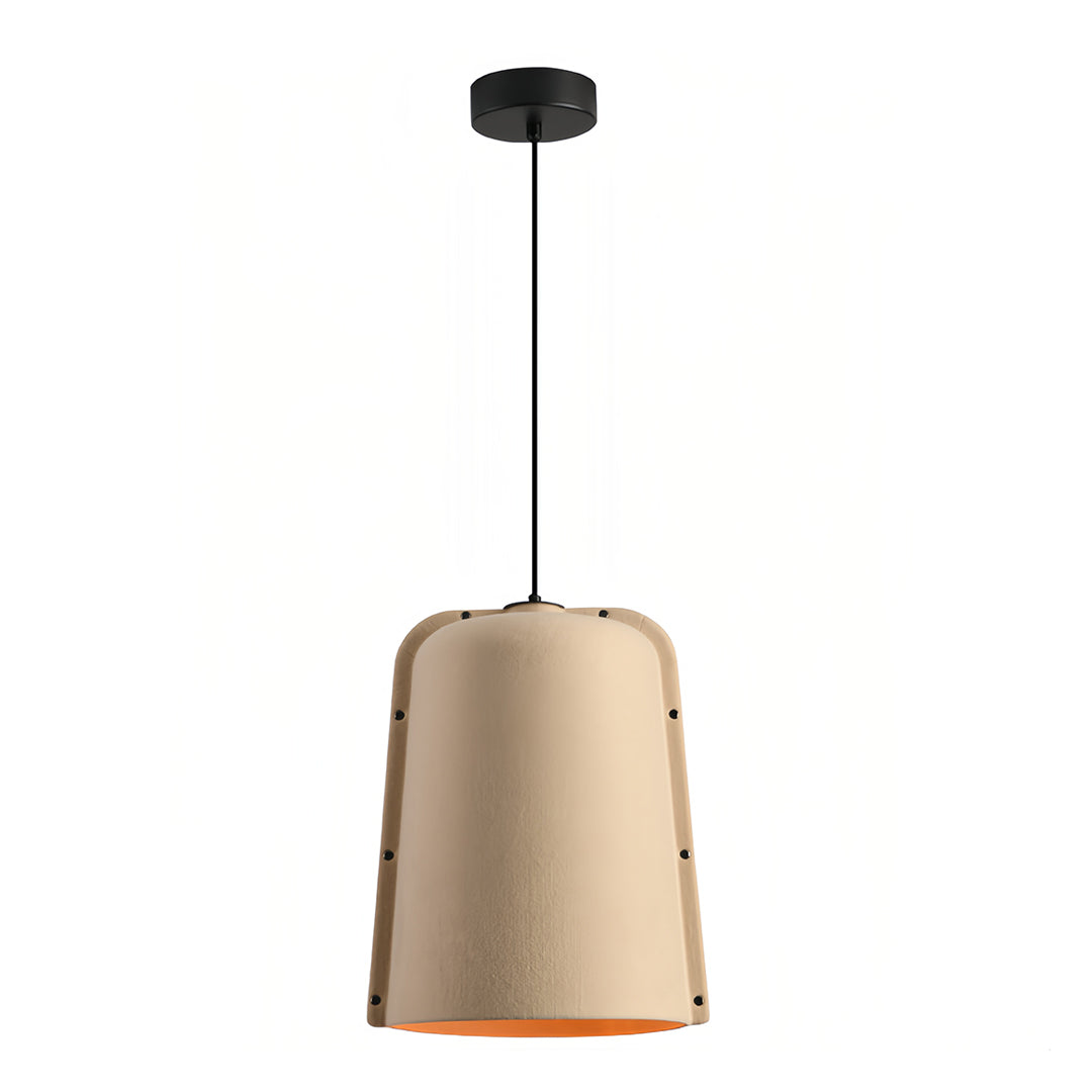 Studio image of a pale beige felt adjustable pendant light with a contrasting interior lining.
