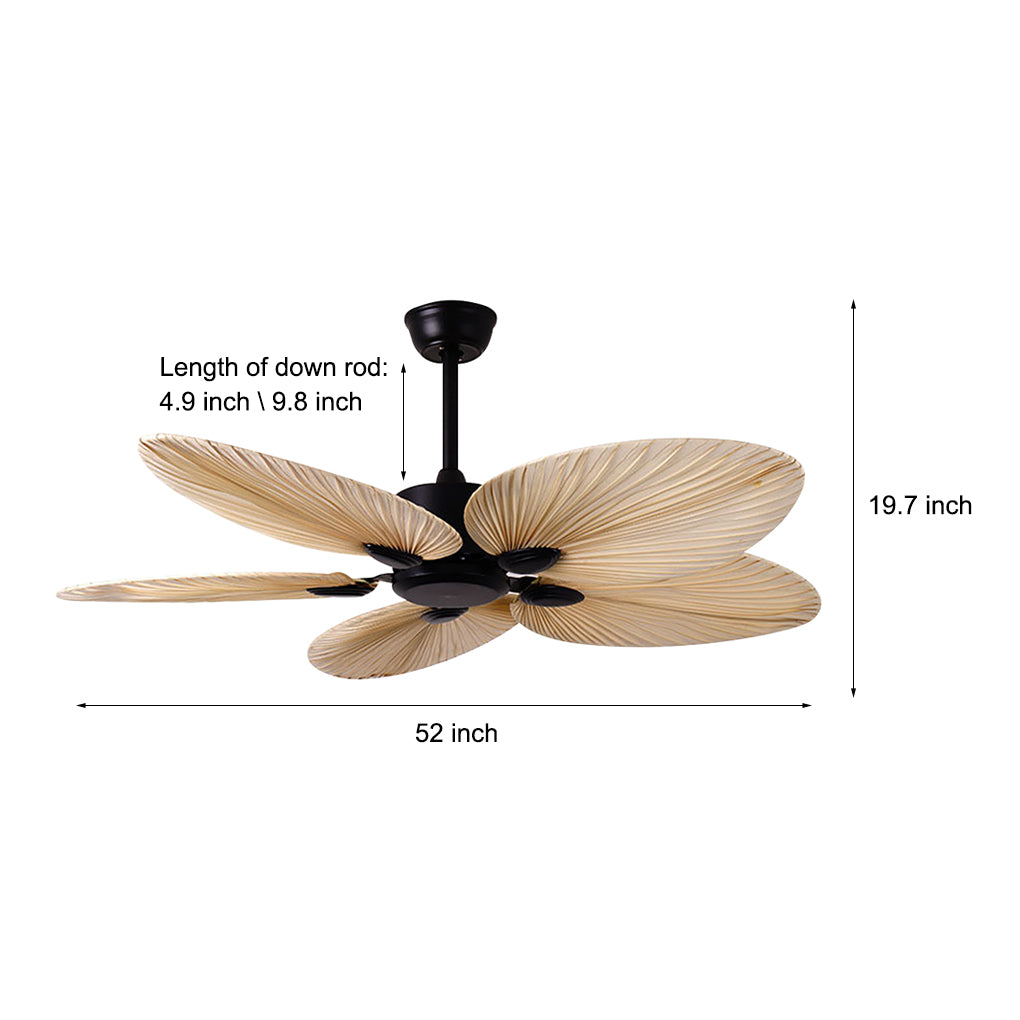 Palm Frond Ceiling Fan shown in a product display view, featuring woven palm leaf blades with a black motor housing and size dimensions on a white background.