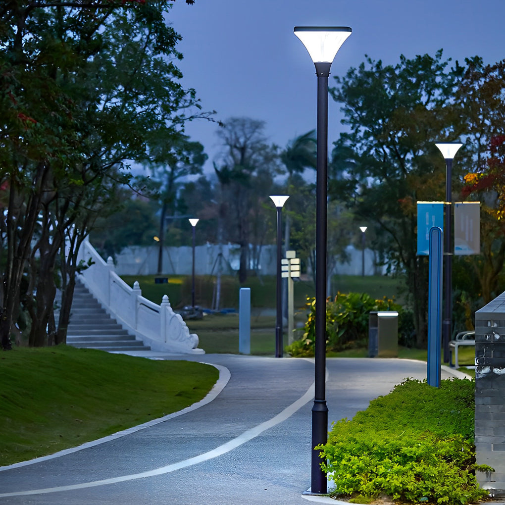 Night street lighting along a park pathway providing safe nighttime pedestrian illumination.