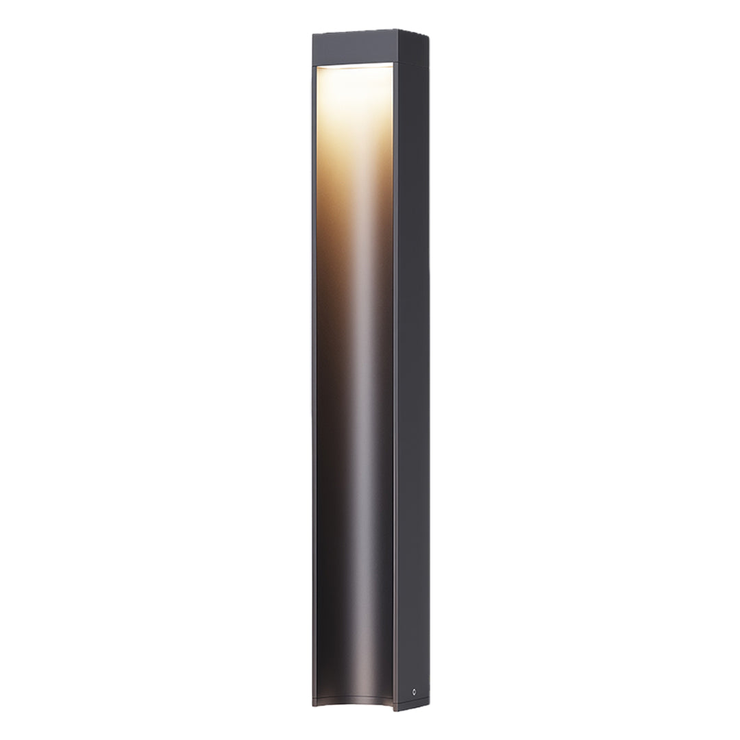 Path light stake featuring a minimalist black rectangular design and a soft light glow.