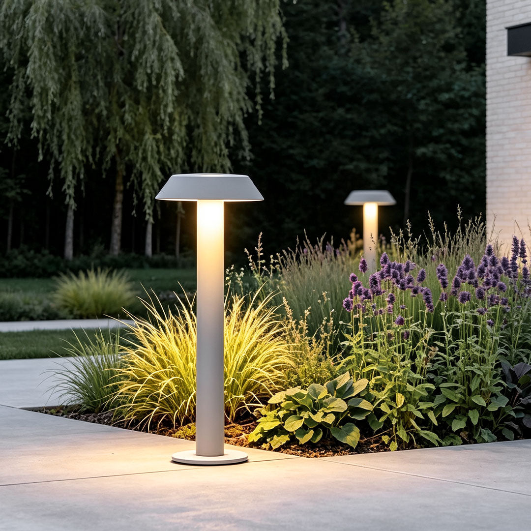 Path lighting LED installed along a landscaped walkway, featuring modern bollard lights and warm illumination beside ornamental grasses.