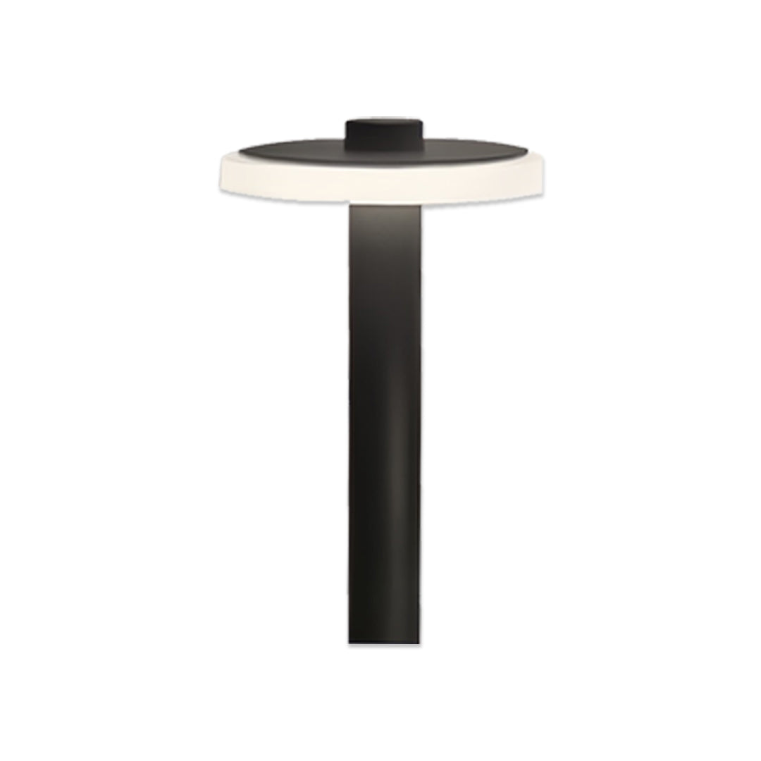 Black post-style path lighting outdoor fixture with a wide circular top and minimalist modern shape.
