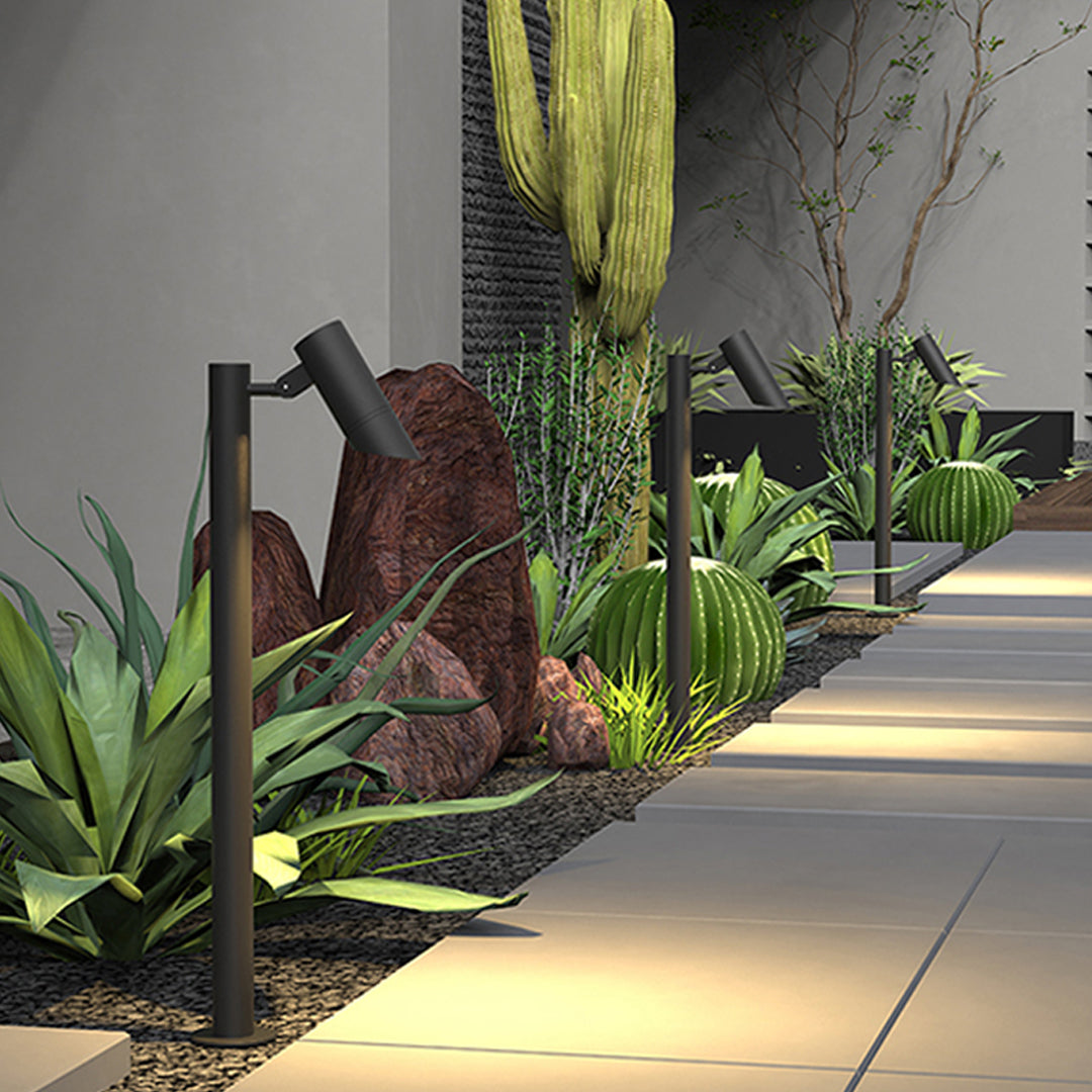 Landscape walkway bordered by plants and enhanced with elegant path lights led.