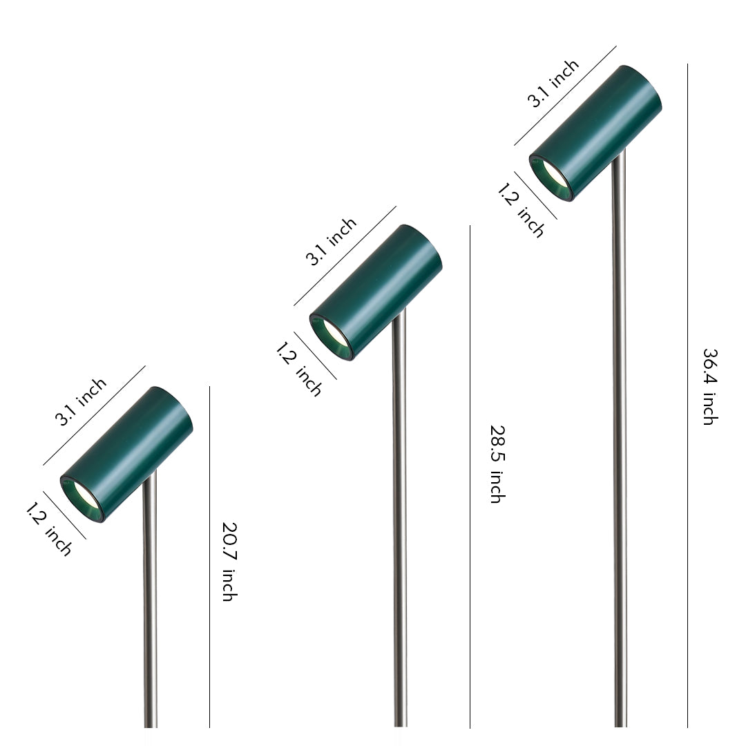 Multiple angled rectangular pathway lights mounted on slim poles, offering focused pathway outdoor lighting for contemporary landscapes.