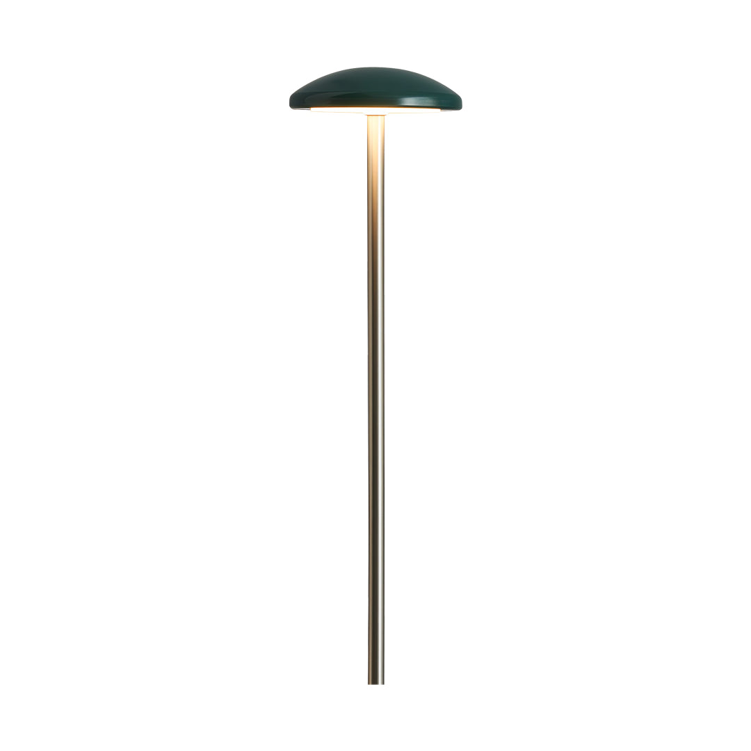 A compact flat-top outdoor light mounted on a narrow pole, perfect for decorative pathway outdoor lighting along walkways.