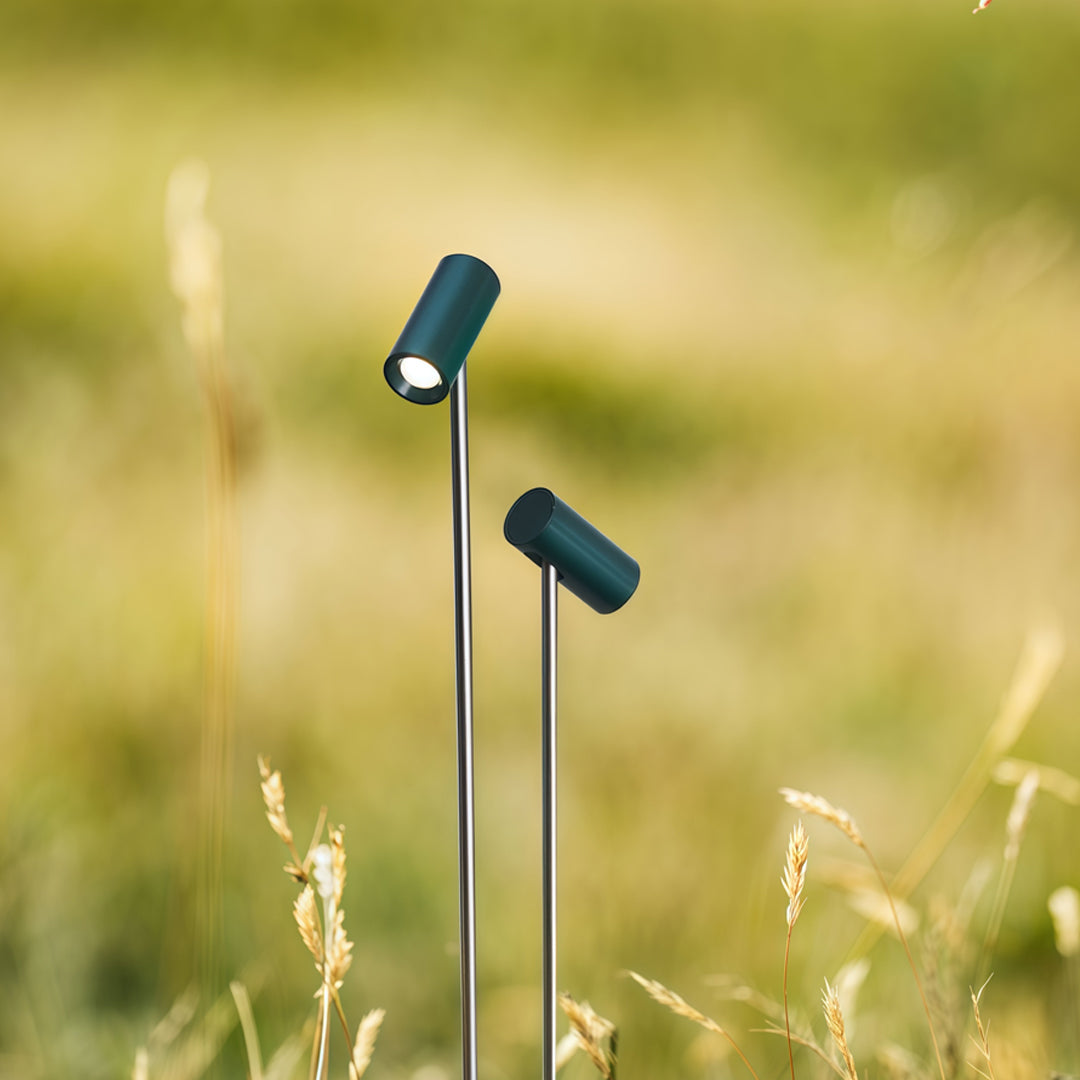 A glowing pathway light positioned among tall grasses, creating natural and warm pathway outdoor lighting for garden edges.