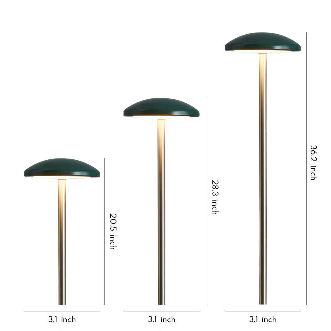 A set of slim modern outdoor lamps with curved heads, designed to provide soft pathway outdoor lighting for gardens and walkways.