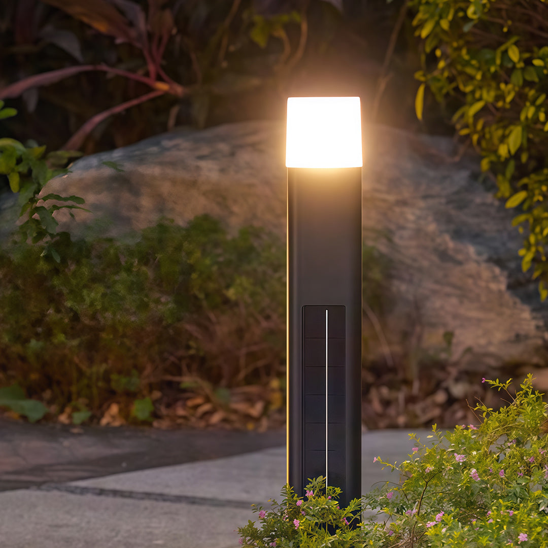 Black solar bollard lighting installed along a paved walkway, enhancing safety and aesthetics.