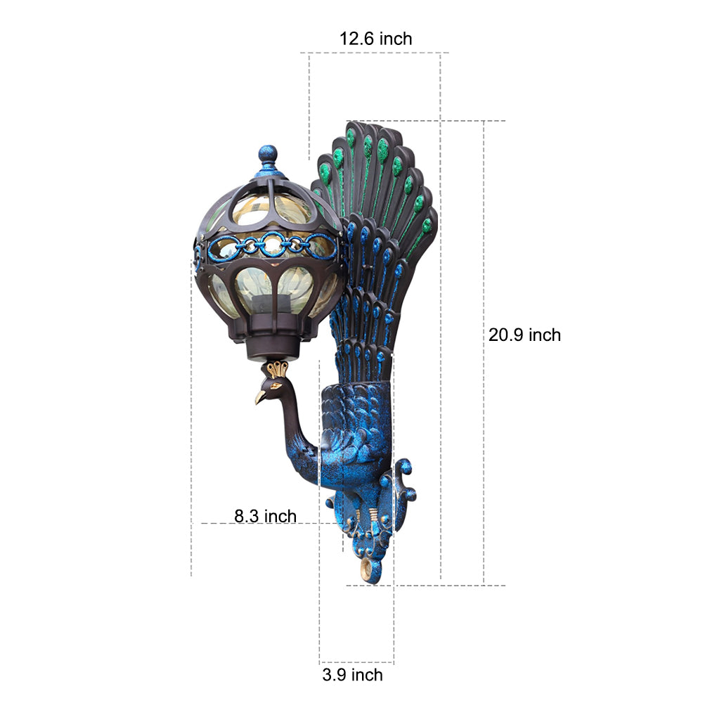 Peacock wall light size dimensions diagram showing height and width measurements.