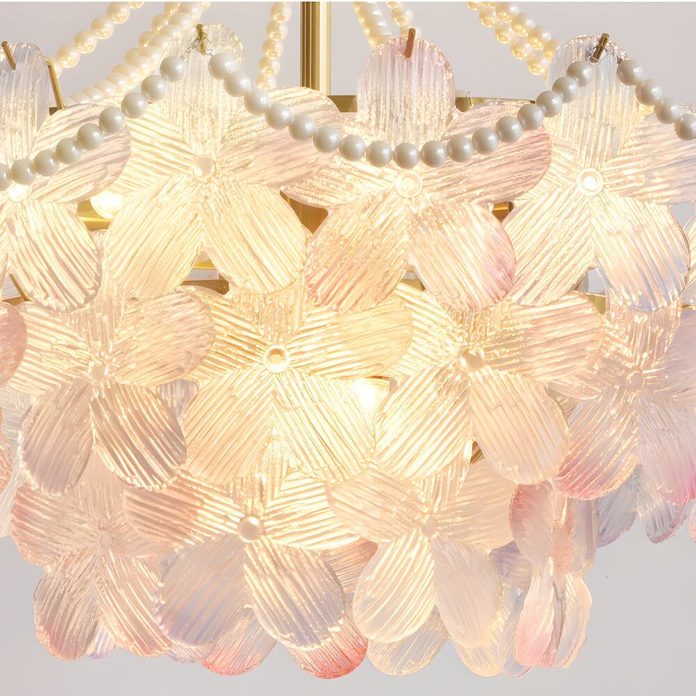 Pearl flower chandelier with a classic design, illuminating a stylish bedroom.