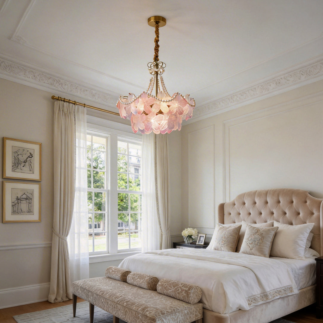Pearl flower chandelier with a close-up of its delicate pearl and flower details.