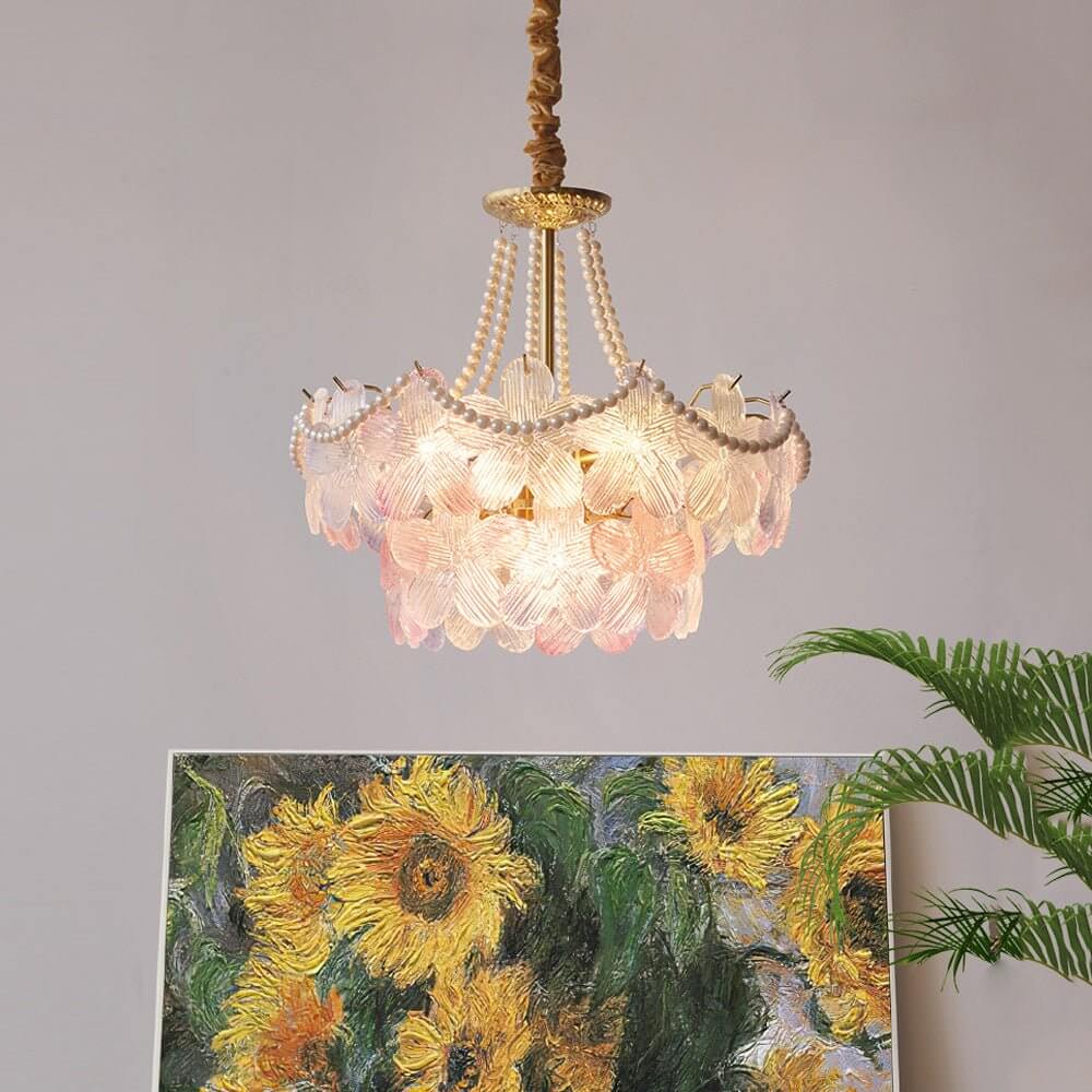 Pearl flower chandelier with a close-up of its illuminated floral and pearl structure.