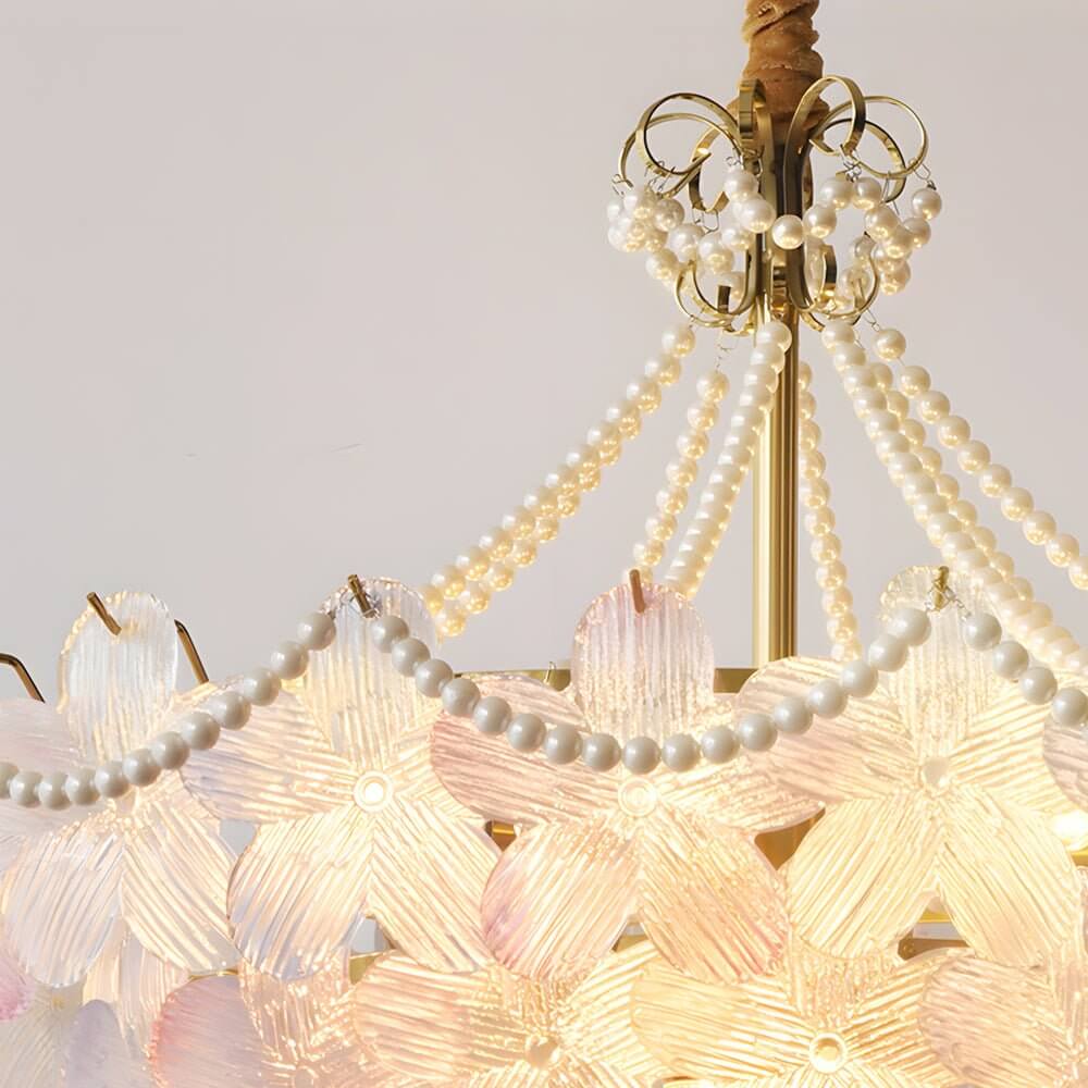 Pearl flower chandelier with a close-up of its intricate flower and pearl arrangement.
