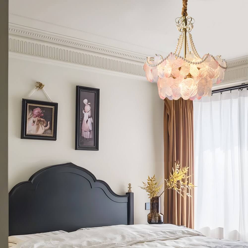Pearl flower chandelier with a romantic design, providing warm light in a bedroom.