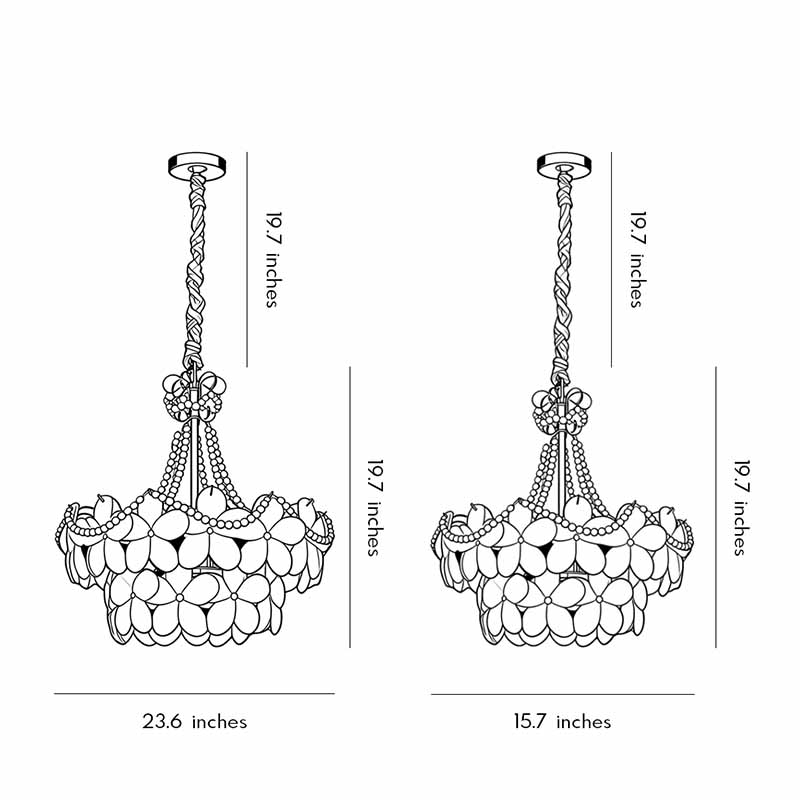 Technical diagram showing dimensions and structure of pearl flower chandelier models.