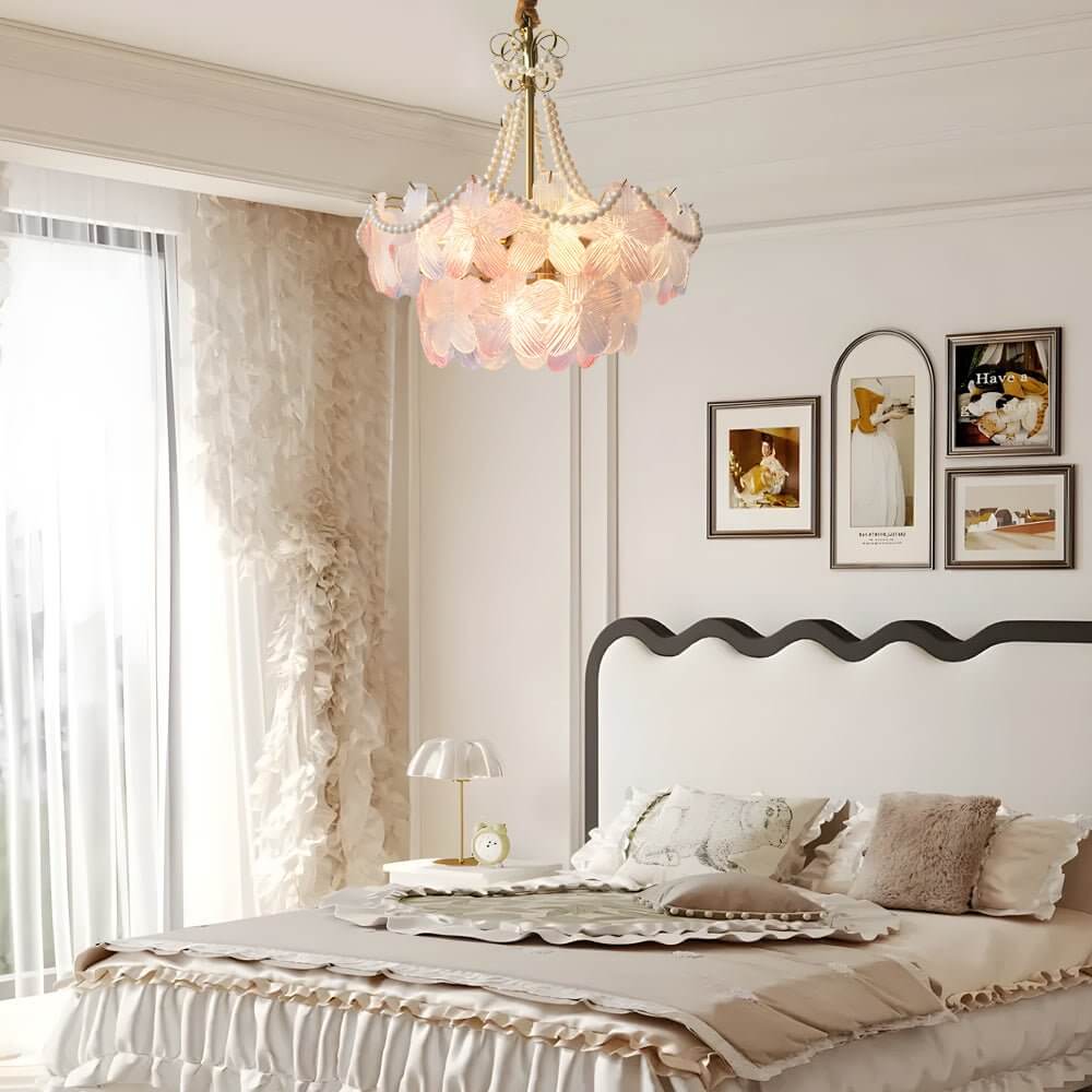 Pearl flower chandelier with a vintage design, enhancing a cozy bedroom interior.