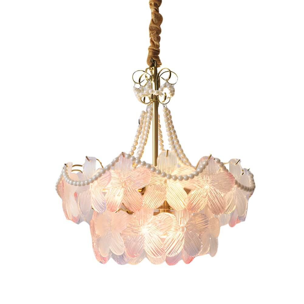 Pearl flower chandelier with a vintage design, enhancing a luxurious interior.