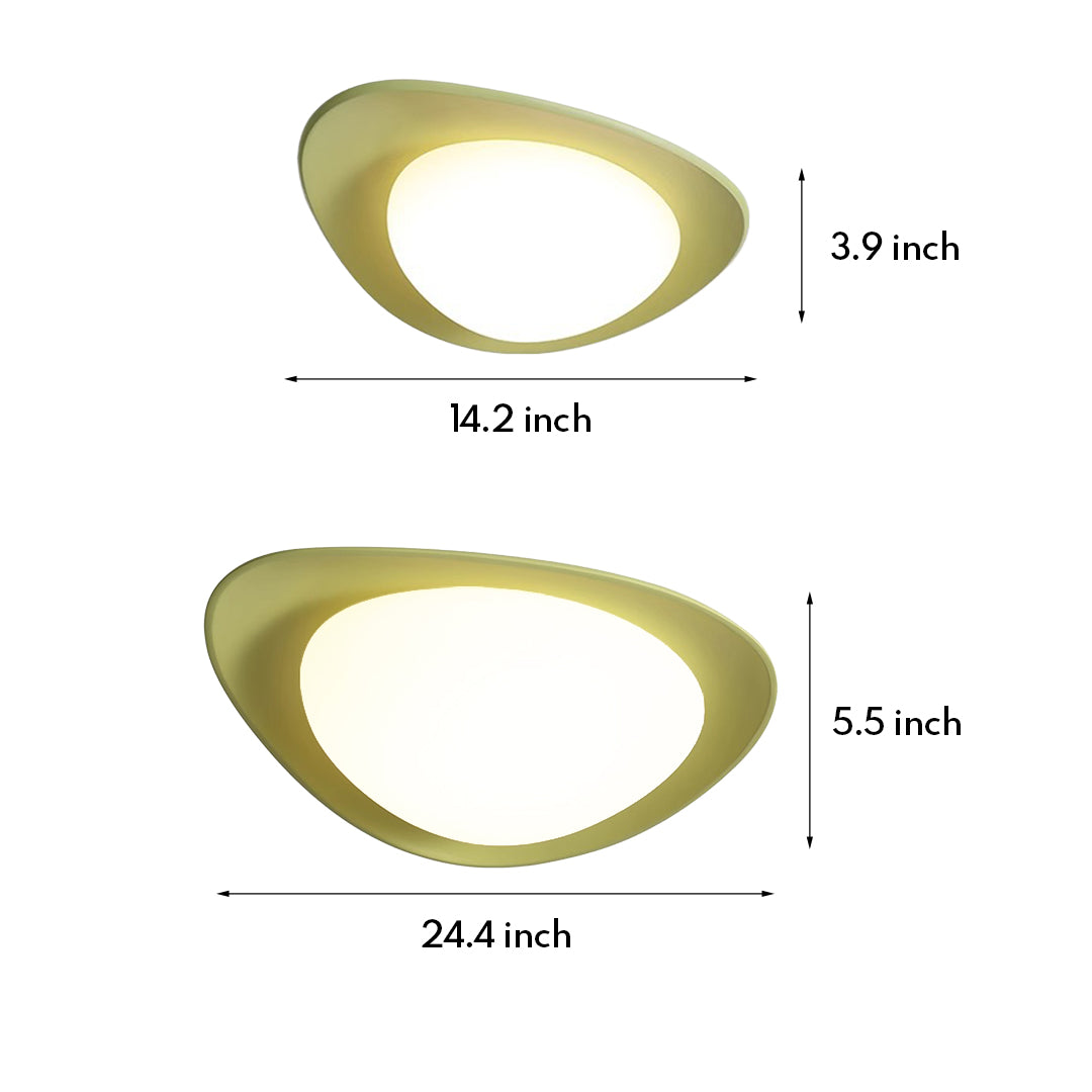 Technical specifications and dimensions for modern pebble ceiling light with organic curved design