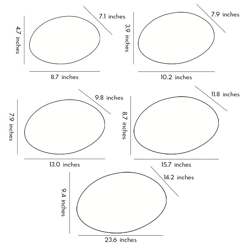 Technical diagram showing dimensions and structure of pebble garden lights models.