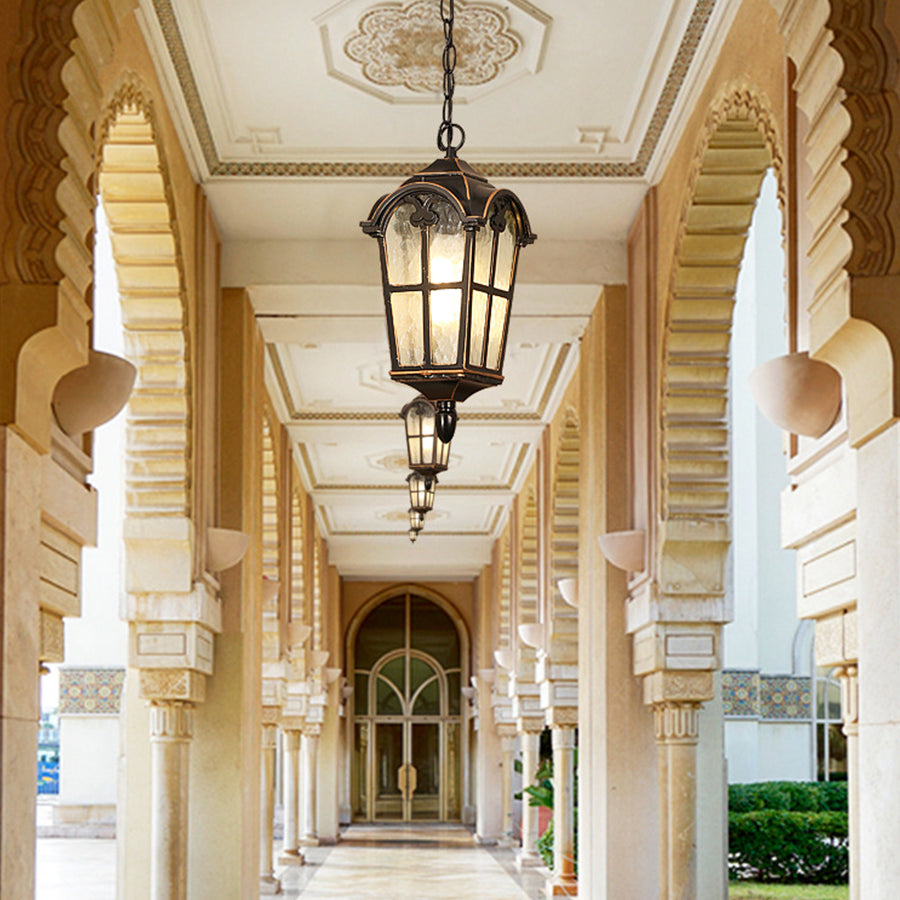 Traditional pendant lanterns illuminating elegant covered walkway with classical architecture