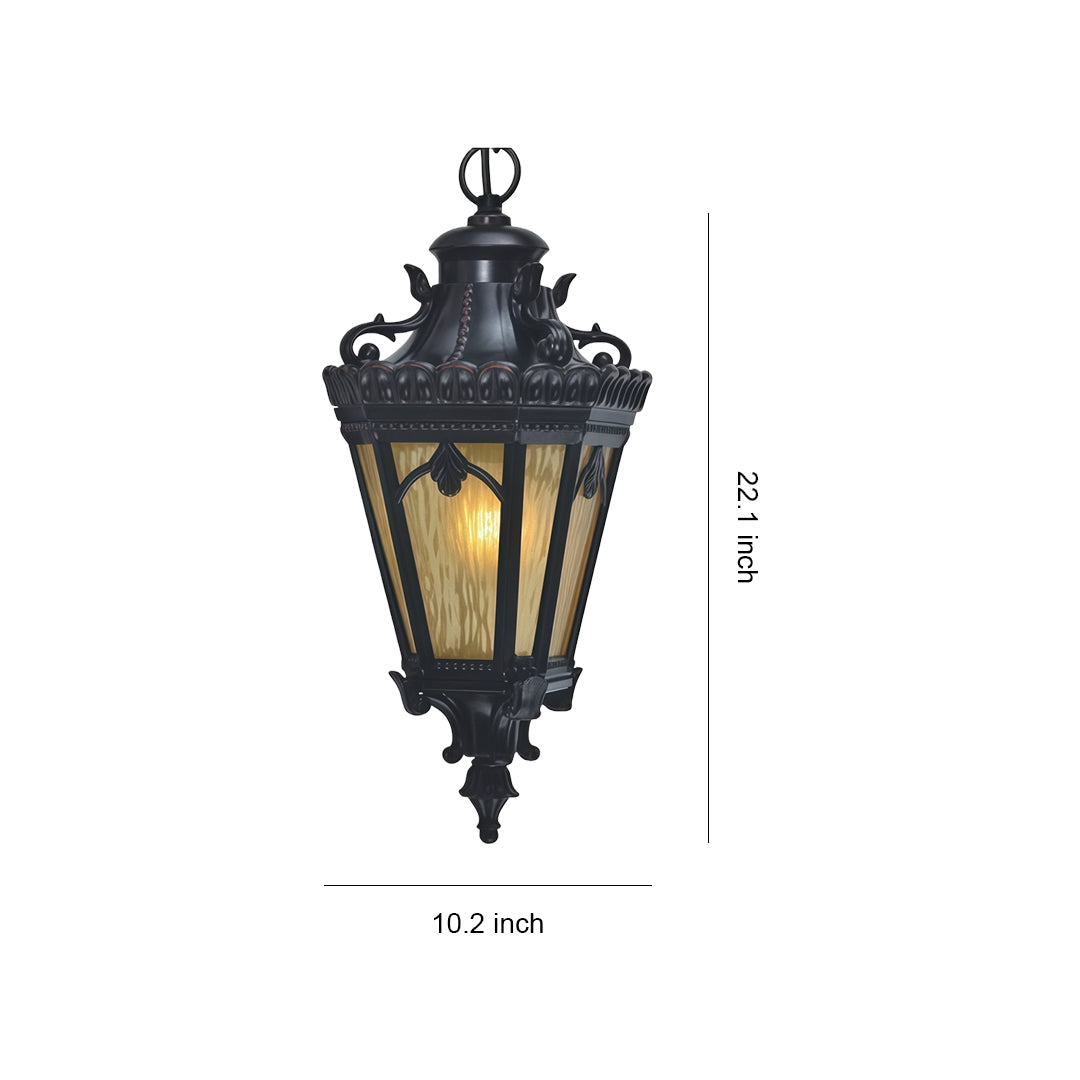 Pendant light outdoor with ornate Victorian metalwork and amber glass in black finish, shown with dimensions