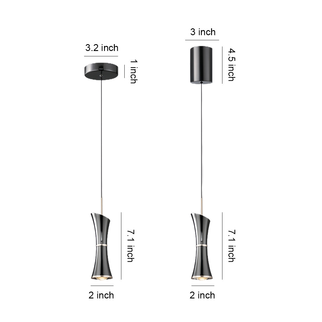 Technical specification sheet for small black pendant light with dimensional details