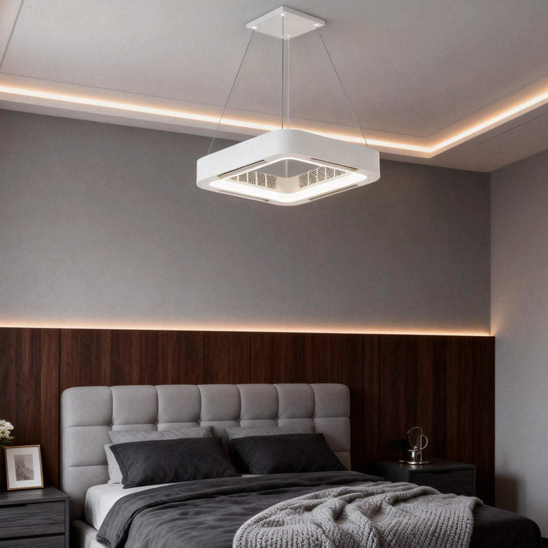 Pendant style low profile bladeless ceiling fan with light hanging over a modern grey bed room.