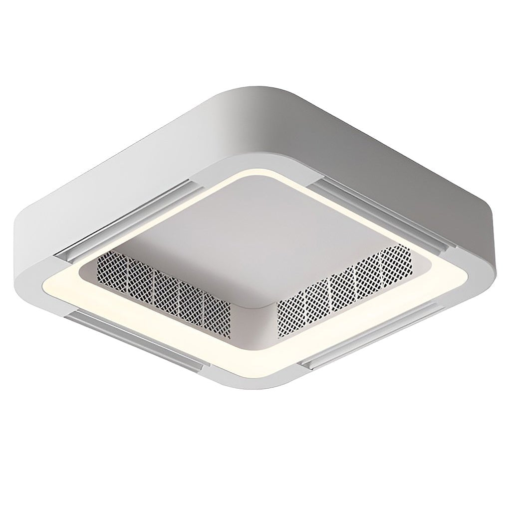 Low profile bladeless ceiling fan with light, pendant installation with clean lines and modern aesthetic.