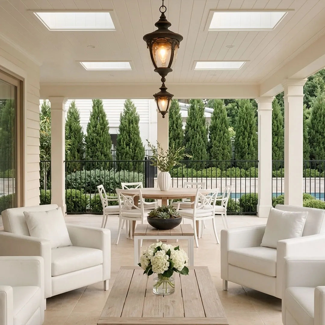 Pendant porch light decorating a bright covered patio with white columns, outdoor seating, and a dining area.