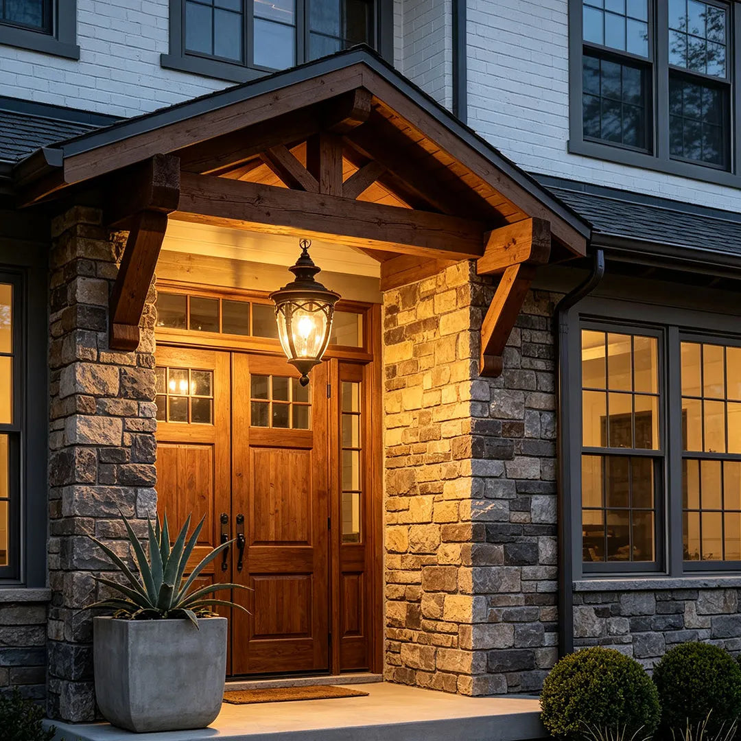 Pendant porch light illuminating a rustic front entry with a timber gable, stone columns, and a wooden front door.