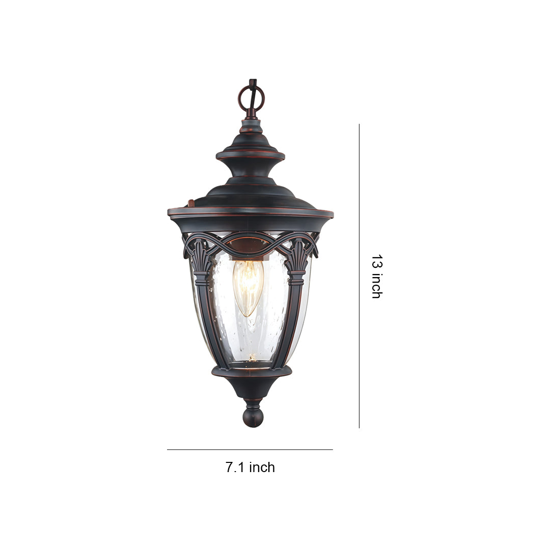 Pendant porch light with ornate Victorian design and amber glass in bronze finish, shown with height measurement
