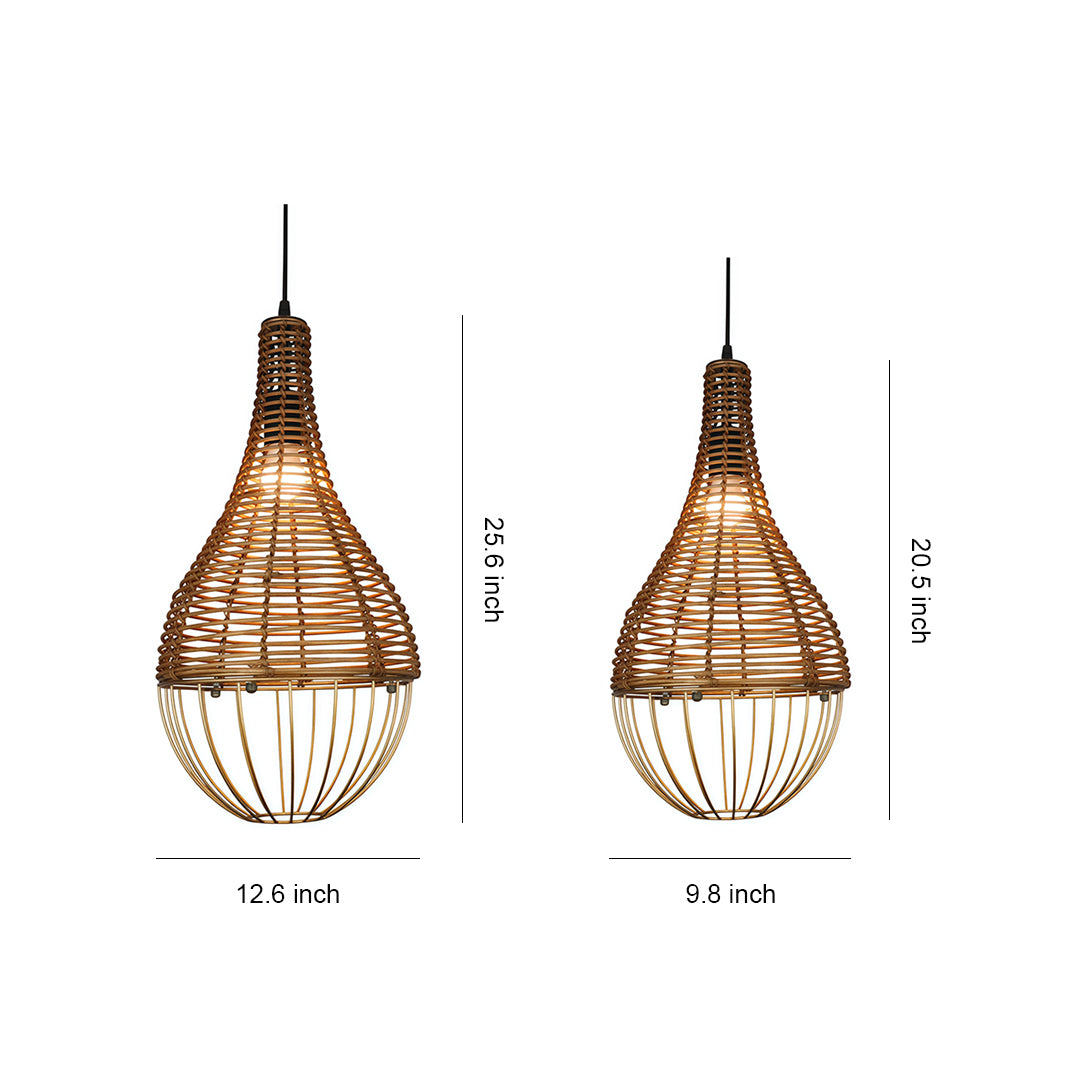 Pendant rattan light shade hanging above a kitchen island, adding a cozy and rustic touch to the space.