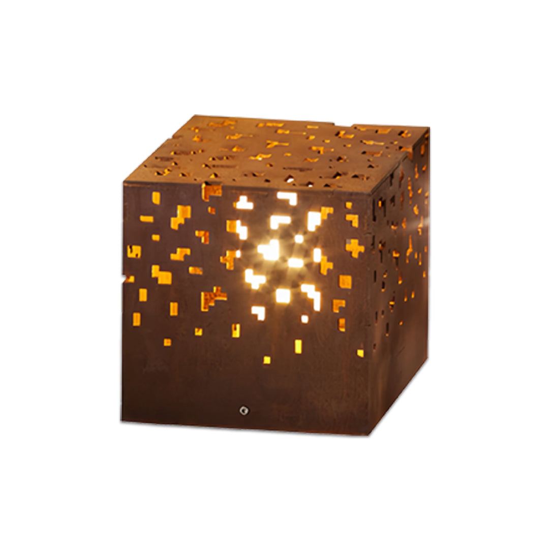 Single cube black outdoor lantern lights featuring intricate perforated metal design with warm interior lighting.