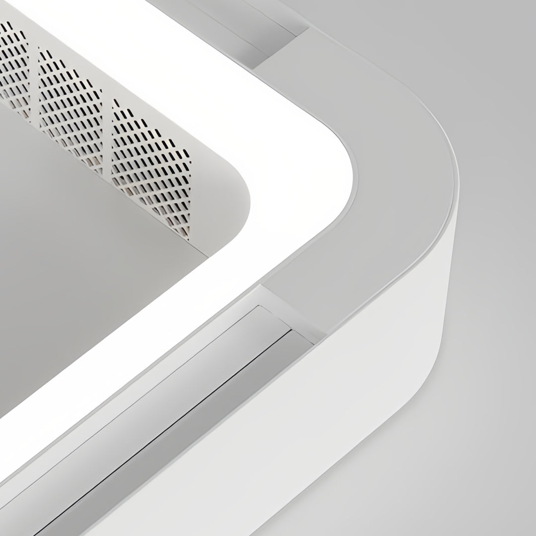Low profile bladeless ceiling fan with light, detail of perforated ventilation and sleek white finish