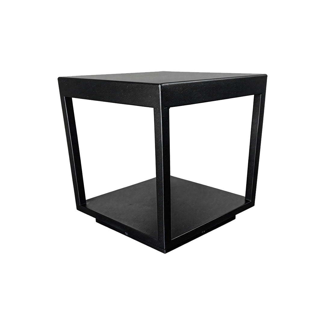Perspective view of a black cube framed concrete pillar lights isolated on white backgrounds.