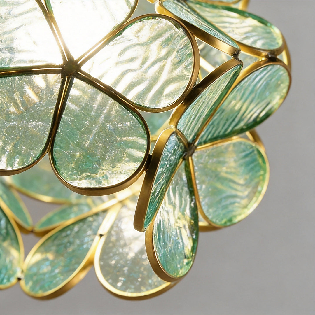 Petal shaped ceiling lights in gold, ceiling view of the decorative design.