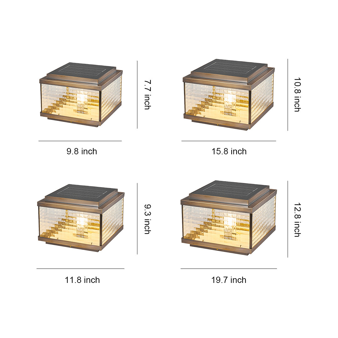 Pillar cap lights design reference displaying four square post lamps with horizontal striped glass pattern