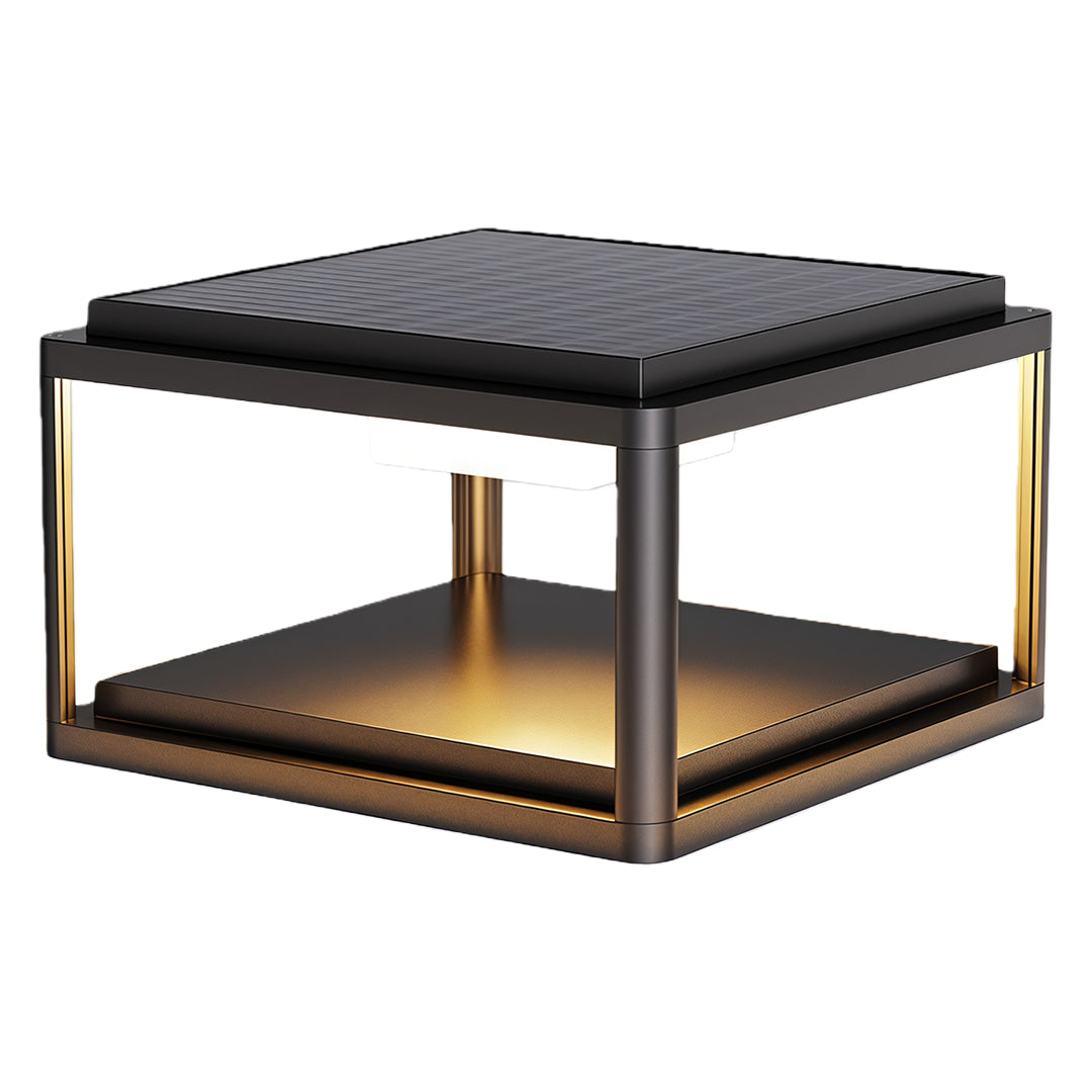 Pillar gate light in a garden with a fence, adding a contemporary touch to the outdoor space.