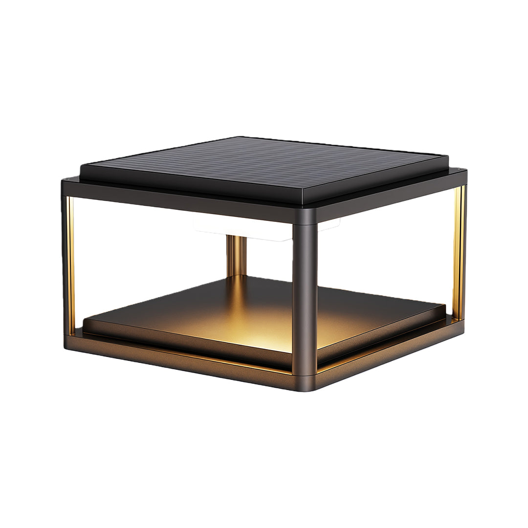 Pillar gate light placed near a garden fence, enhancing the outdoor ambiance with subtle lighting.