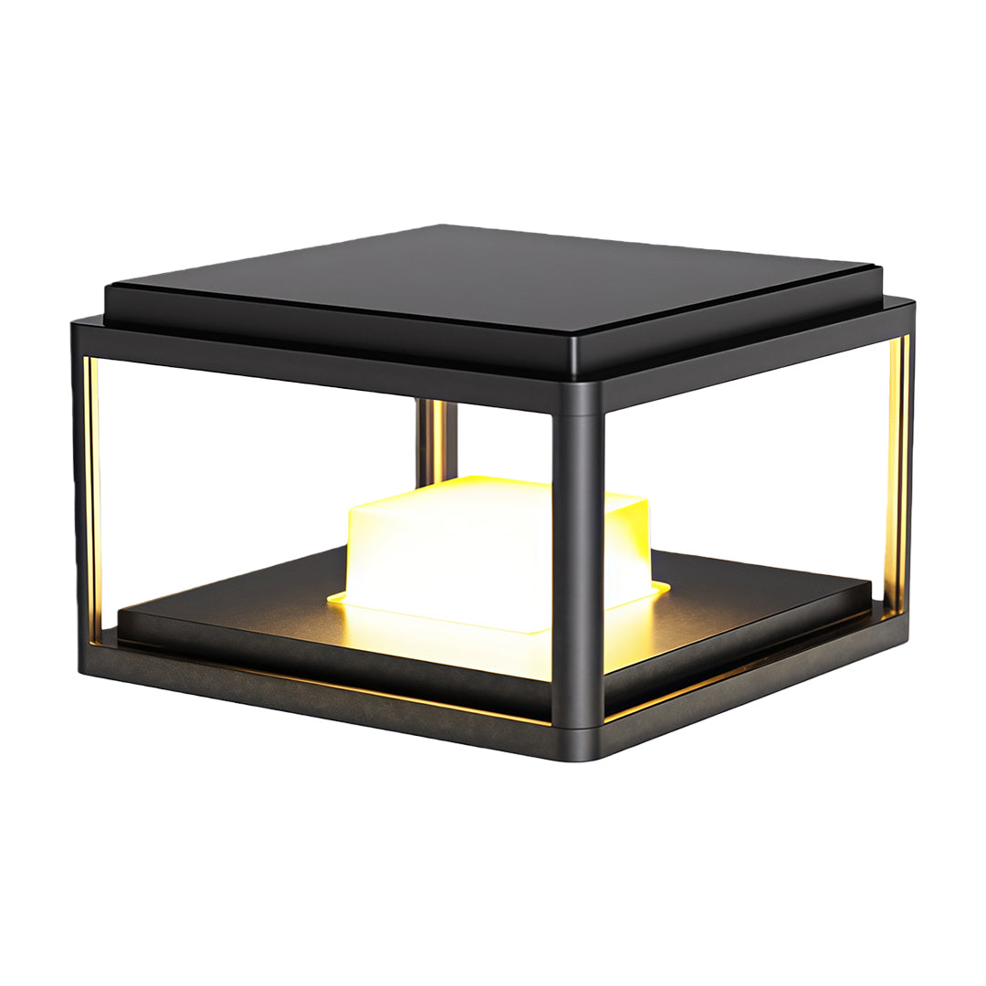 Pillar gate light featuring a minimalist black square design with a transparent frame and warm light.