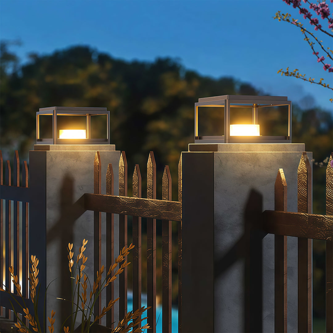 Pillar gate light placed on a stone pillar, enhancing the entrance with elegant lighting.