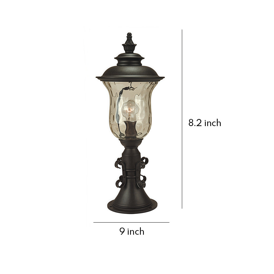 Pillar gate light with ornate water glass and decorative black metal finish, displayed with height measurement
