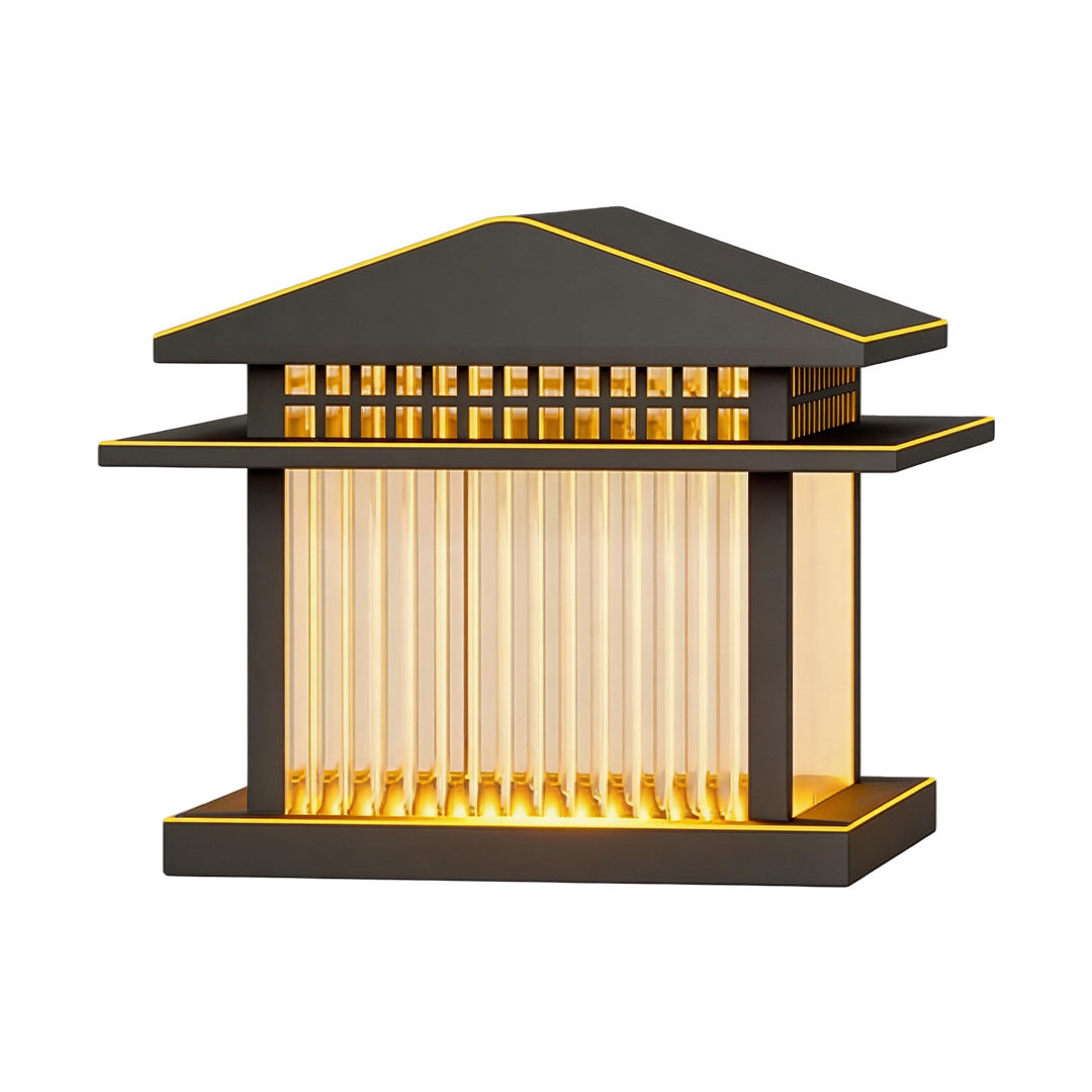Pillar lamp light with a black frame and textured glass, providing elegant outdoor lighting.