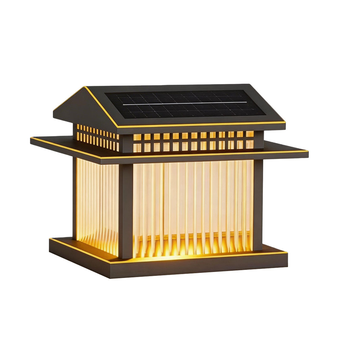 Pillar lamp light with a black frame and textured glass, perfect for outdoor ambiance.