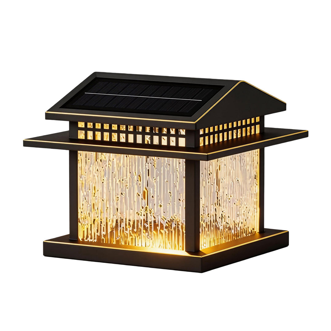 Sleek pillar lamp light with frosted glass panels, providing soft lighting for pathways.