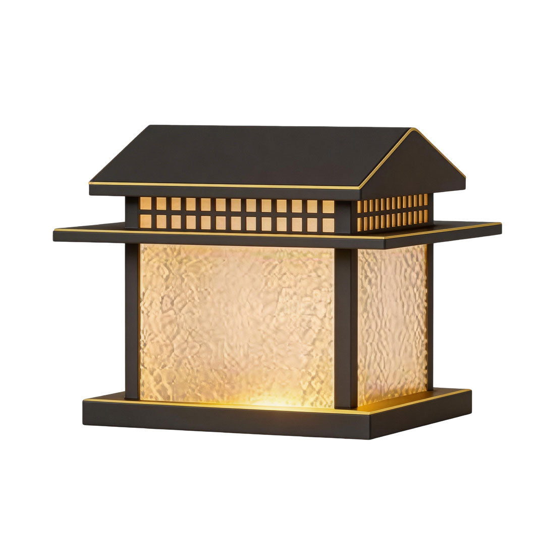 Pillar lamp light with a modern design, featuring a black frame and illuminated glass.